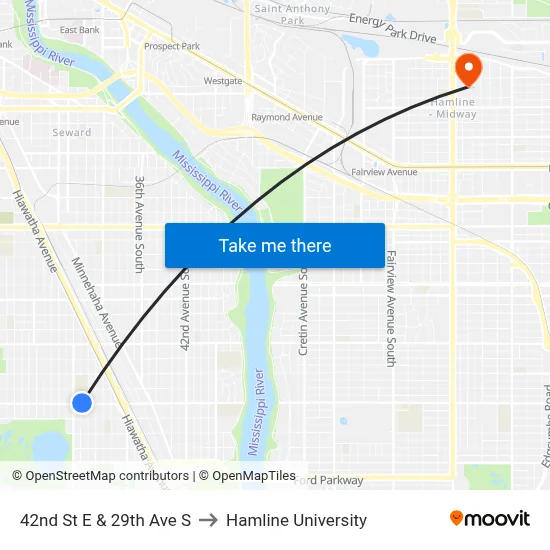 42nd St E & 29th Ave S to Hamline University map