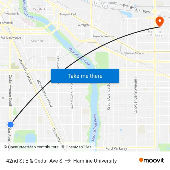 42nd St E & Cedar Ave S to Hamline University map