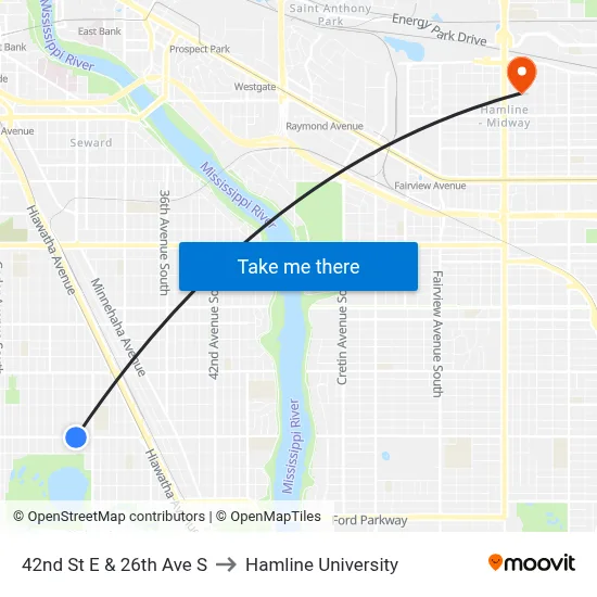 42nd St E & 26th Ave S to Hamline University map