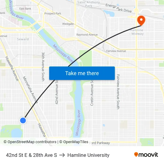42nd St E & 28th Ave S to Hamline University map