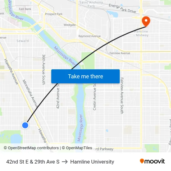 42nd St E & 29th Ave S to Hamline University map