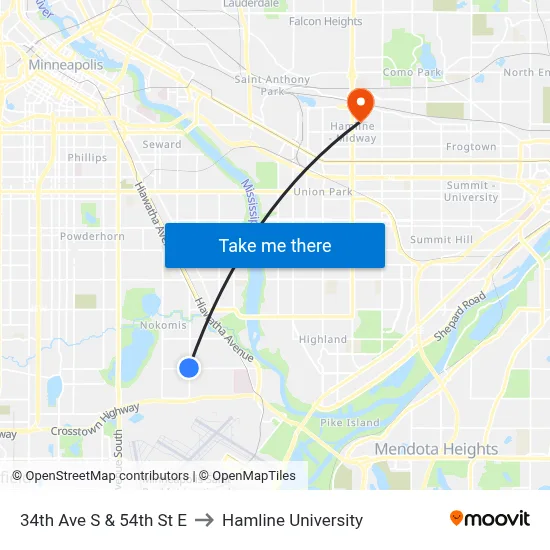 34th Ave S & 54th St E to Hamline University map