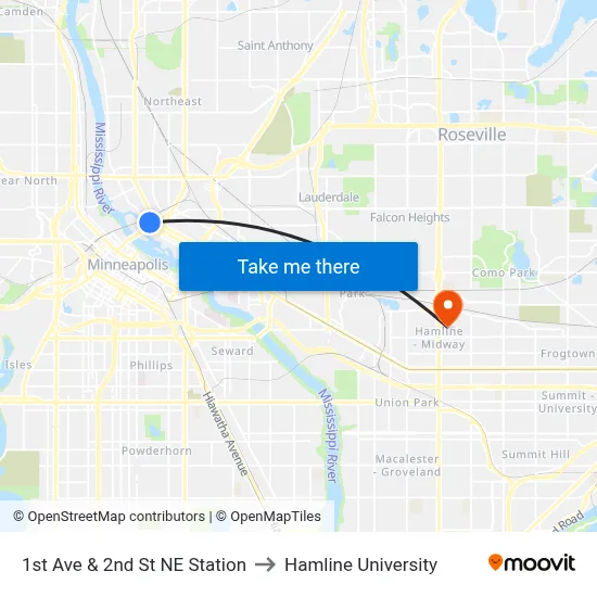 1st Ave & 2nd St NE Station to Hamline University map
