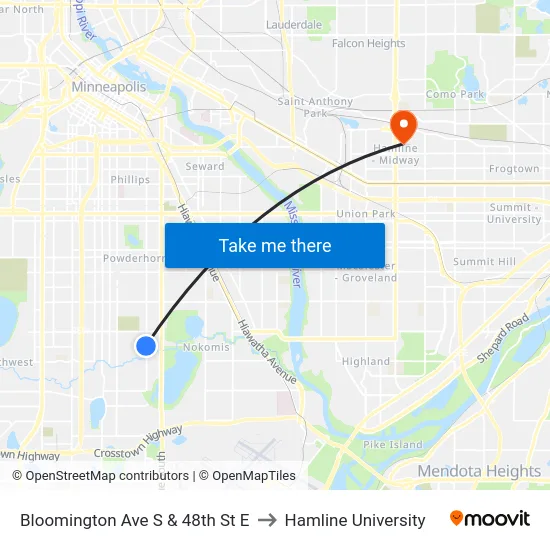 Bloomington Ave S & 48th St E to Hamline University map