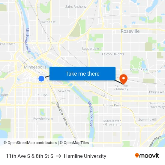 11th Ave S & 8th St S to Hamline University map