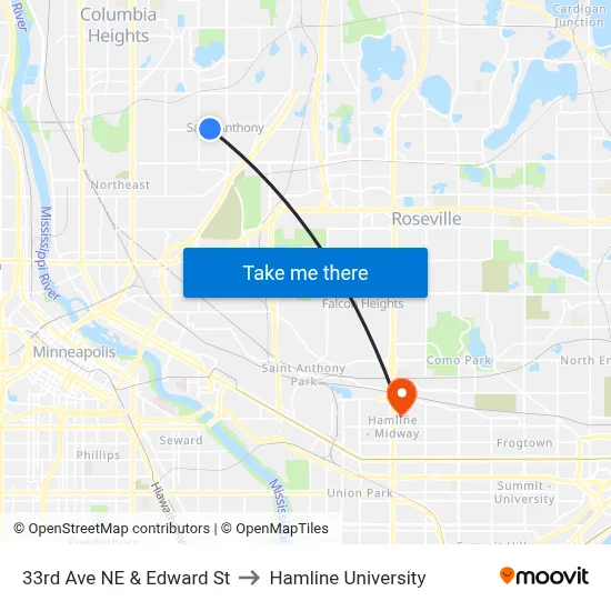 33rd Ave NE & Edward St to Hamline University map