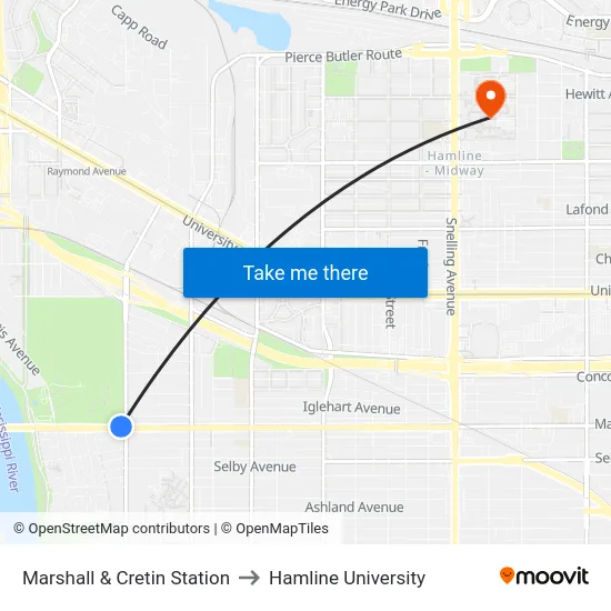 Marshall & Cretin Station to Hamline University map