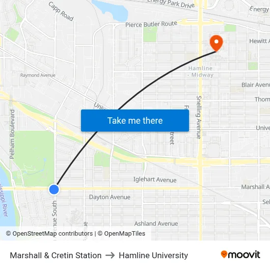 Marshall & Cretin Station to Hamline University map