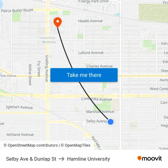 Selby Ave & Dunlap St to Hamline University map