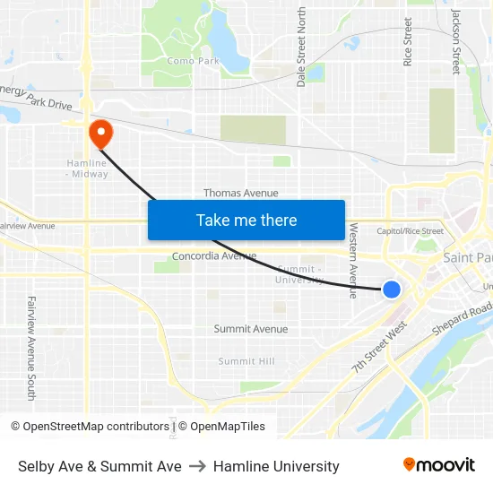 Selby Ave & Summit Ave to Hamline University map