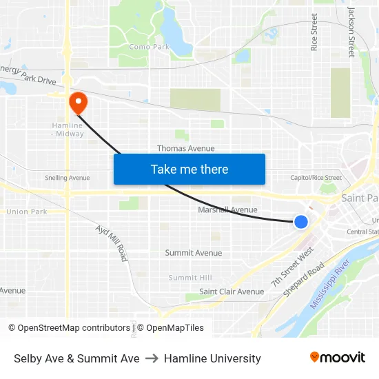 Selby Ave & Summit Ave to Hamline University map