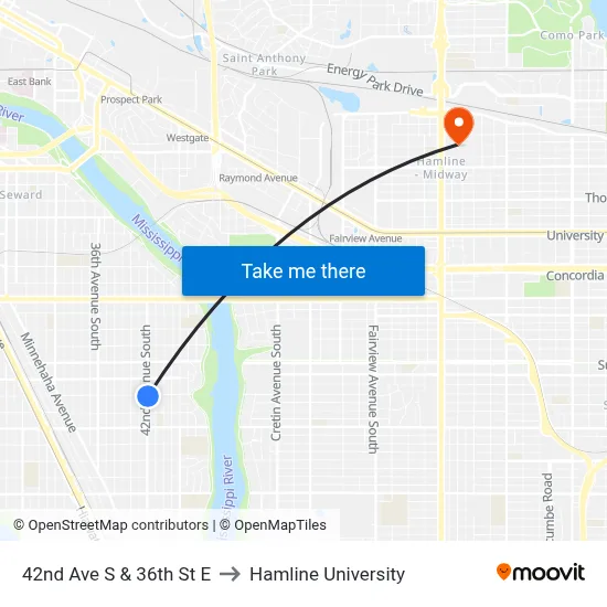 42nd Ave S & 36th St E to Hamline University map