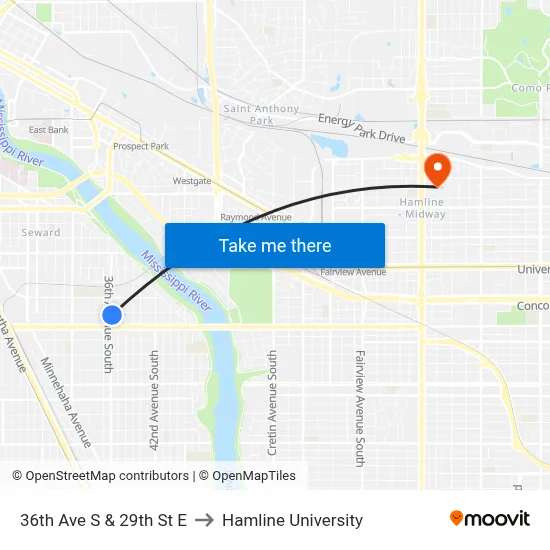 36th Ave S & 29th St E to Hamline University map
