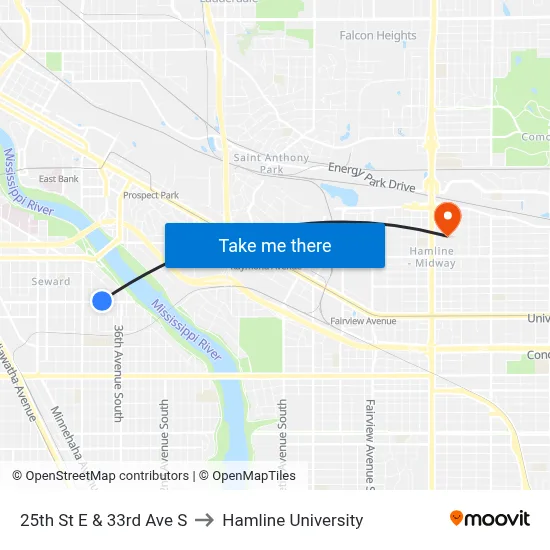 25th St E & 33rd Ave S to Hamline University map