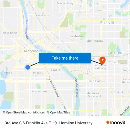 3rd Ave S & Franklin Ave E to Hamline University map