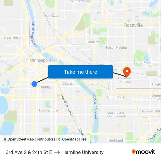 3rd Ave S & 24th St E to Hamline University map