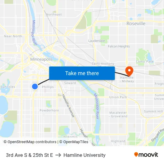 3rd Ave S & 25th St E to Hamline University map