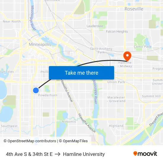 4th Ave S & 34th St E to Hamline University map