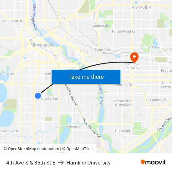 4th Ave S & 35th St E to Hamline University map