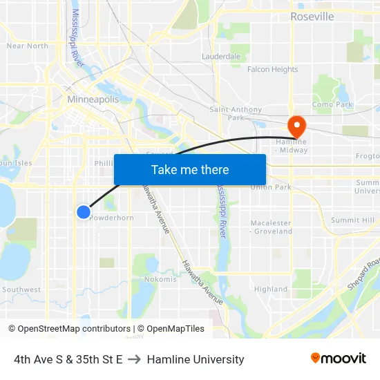 4th Ave S & 35th St E to Hamline University map
