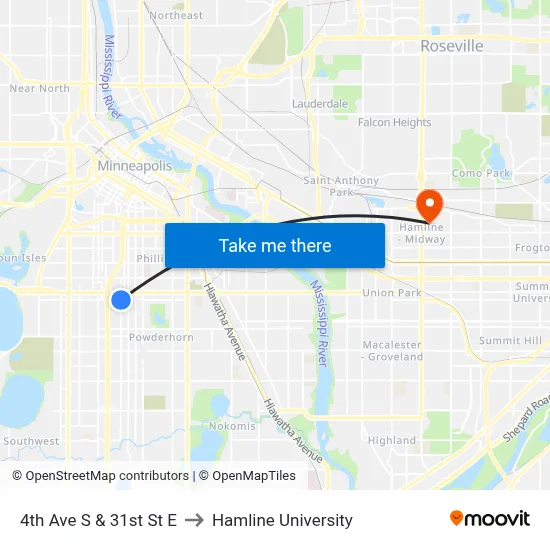 4th Ave S & 31st St E to Hamline University map