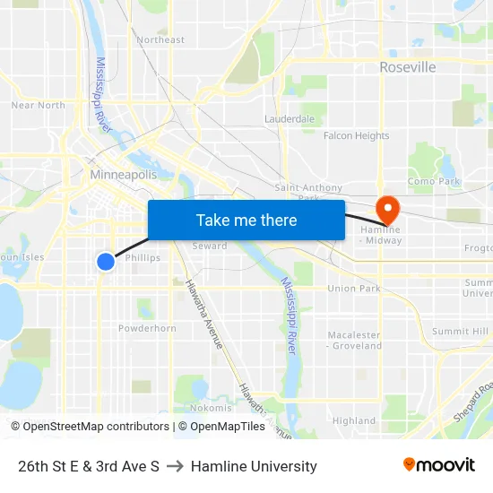 26th St E & 3rd Ave S to Hamline University map