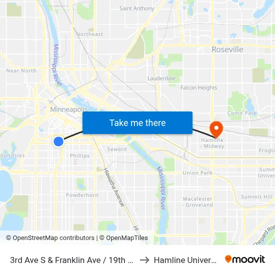 3rd Ave S & Franklin Ave / 19th St E to Hamline University map