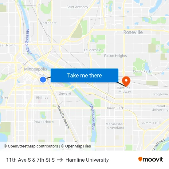 11th Ave S & 7th St S to Hamline University map
