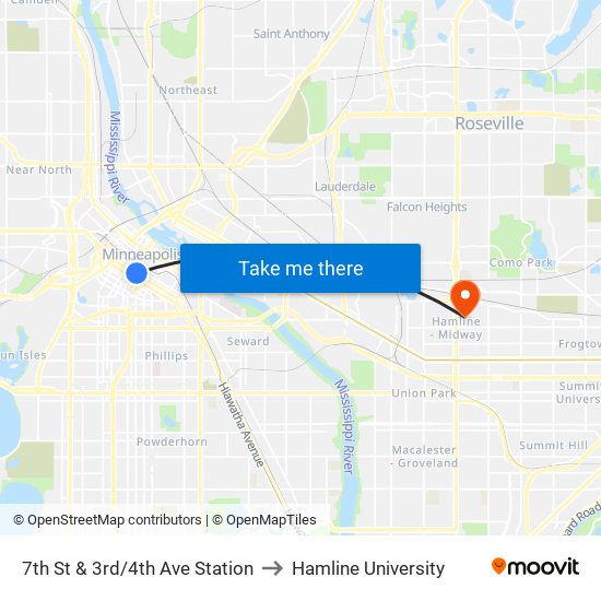 7th St & 3rd/4th Ave Station to Hamline University map