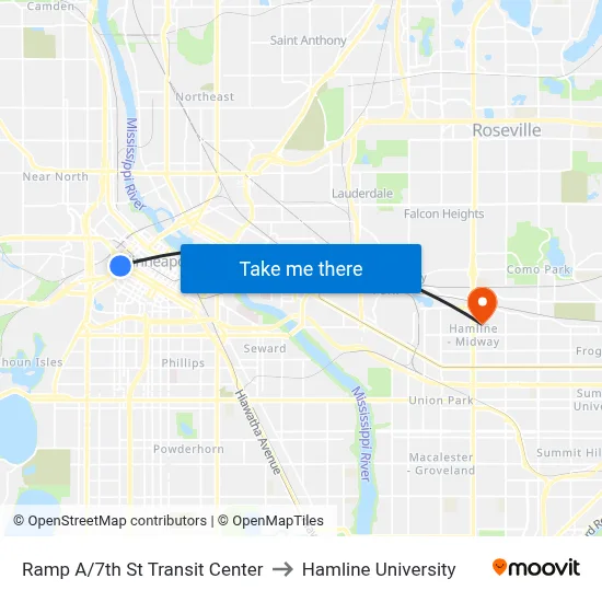 Ramp A/7th St Transit Center to Hamline University map