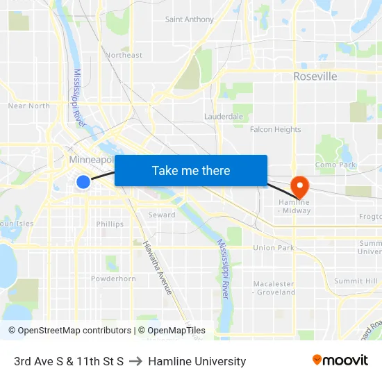 3rd Ave S & 11th St S to Hamline University map
