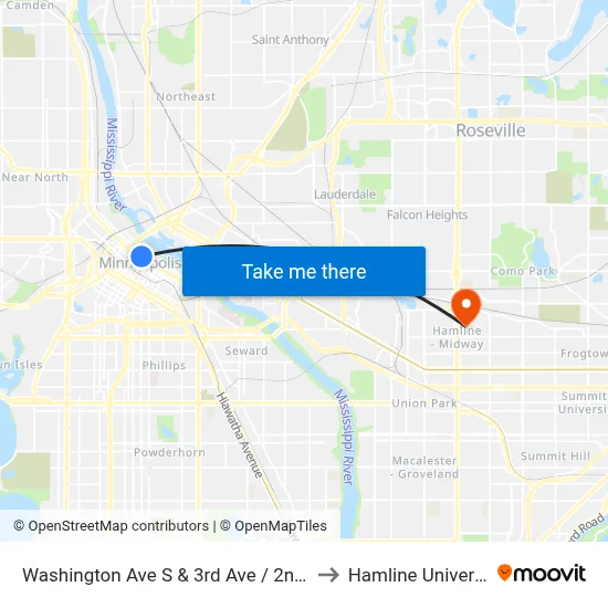 Washington Ave S & 3rd Ave / 2nd Ave to Hamline University map