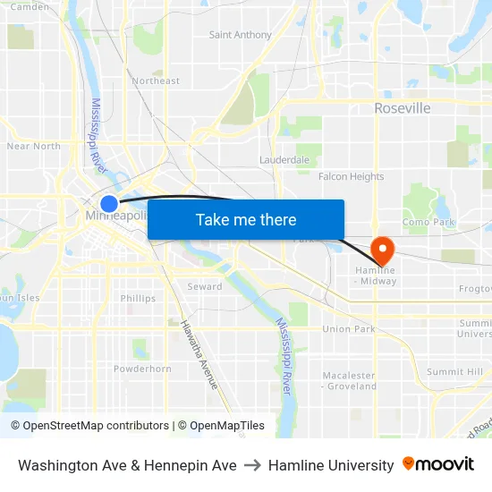 Washington Ave & Hennepin Ave to Hamline University map