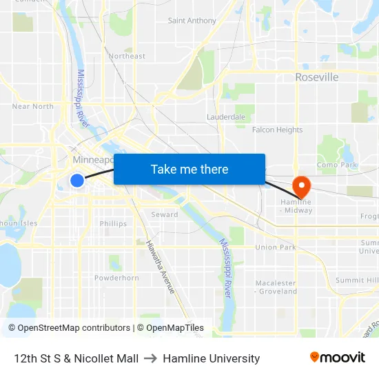 12th St S & Nicollet Mall to Hamline University map