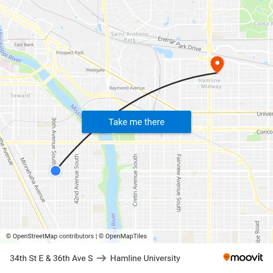 34th St E & 36th Ave S to Hamline University map
