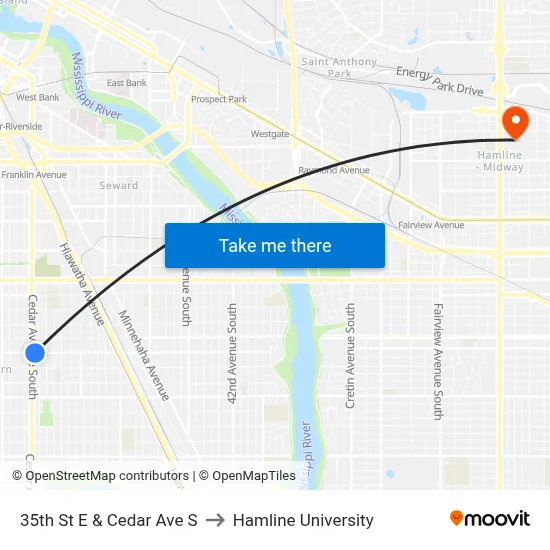35th St E & Cedar Ave S to Hamline University map