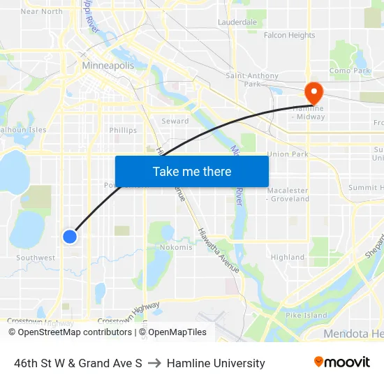 46th St W & Grand Ave S to Hamline University map