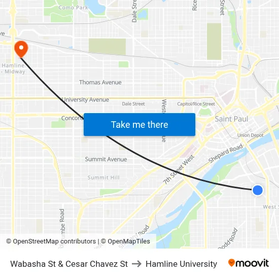 Wabasha St & Cesar Chavez St to Hamline University map