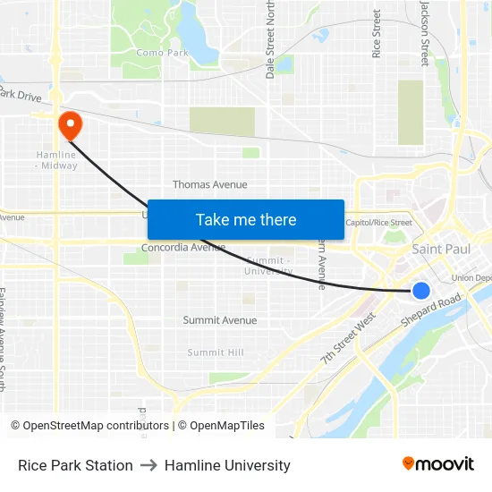 Rice Park Station to Hamline University map