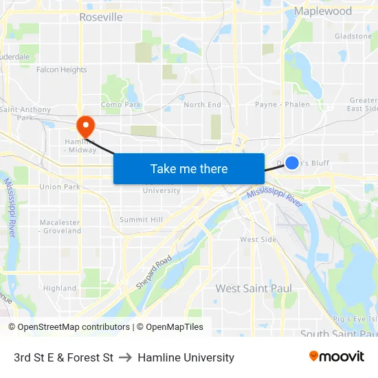 3rd St E & Forest St to Hamline University map