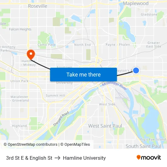 3rd St E & English St to Hamline University map