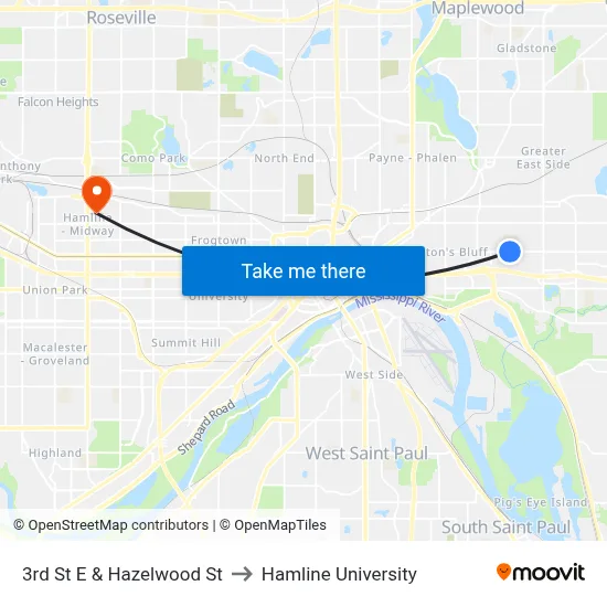 3rd St E & Hazelwood St to Hamline University map
