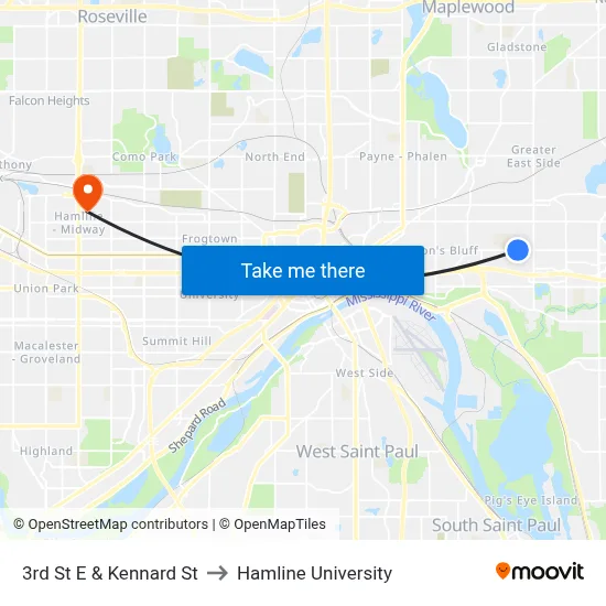 3rd St E & Kennard St to Hamline University map