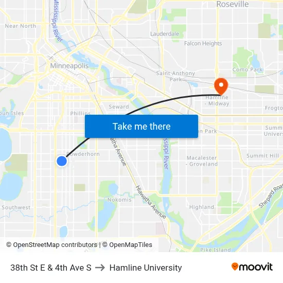 38th St E & 4th Ave S to Hamline University map