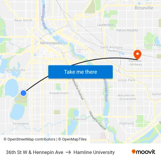 36th St W & Hennepin Ave to Hamline University map
