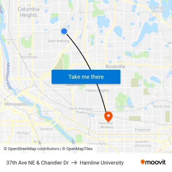 37th Ave NE & Chandler Dr to Hamline University map