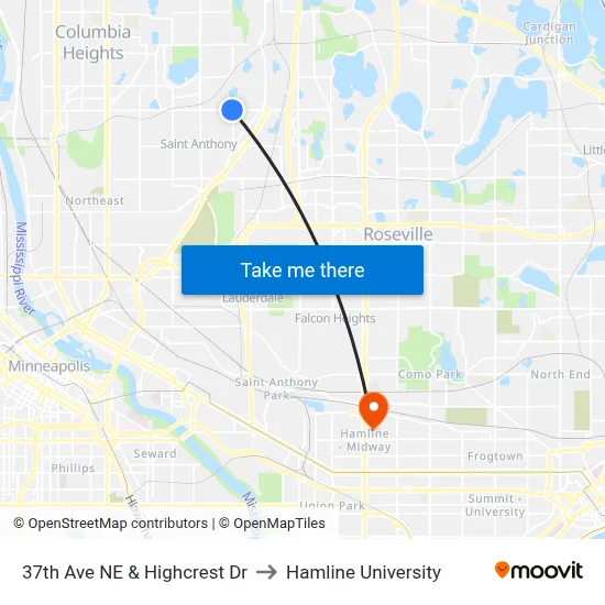 37th Ave NE & Highcrest Dr to Hamline University map