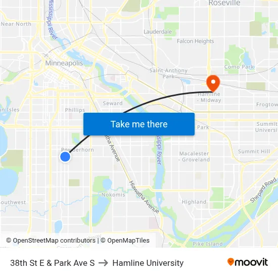 38th St E & Park Ave S to Hamline University map