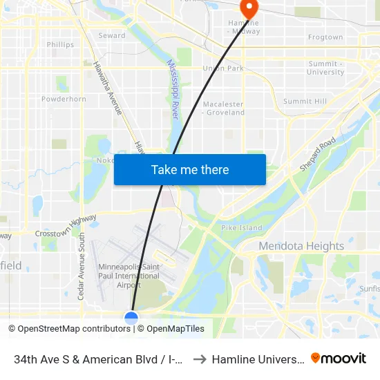 34th Ave S & American Blvd / I-494 to Hamline University map