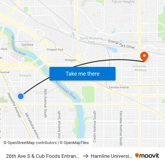 26th Ave S & Cub Foods Entrance to Hamline University map